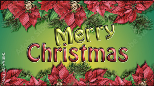 Merry Christmas - Christmas greeting card with poinsettia flowers and pine branches in the borders. written in the center in red and green. 3D relief effect- vector design for festive holidays