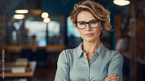 a stern frowning mature female office manager with arms crossed , generated by AI photo