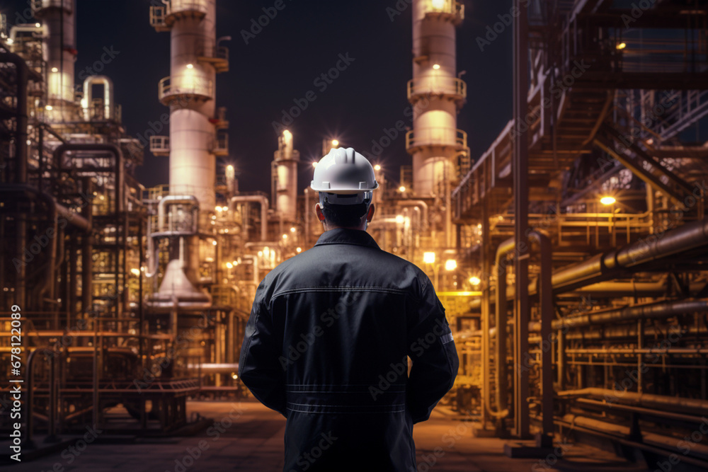 rear view of Engineer in hard-hat talking in mobile-phone, working inside oil refinery, surrounded by pumps and pipelines