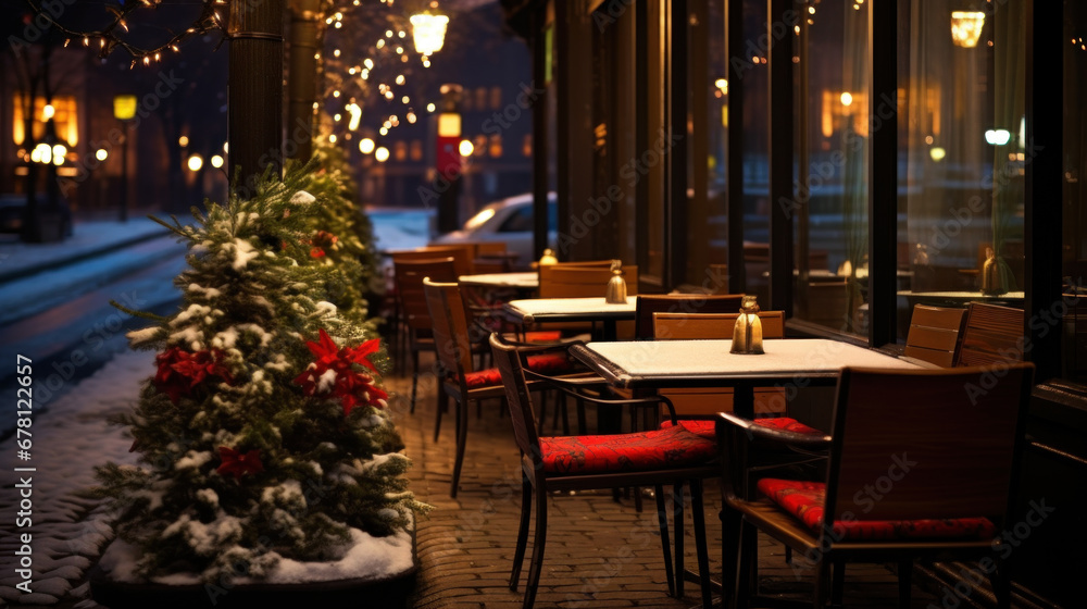 Restaurant table set outside, winter weather