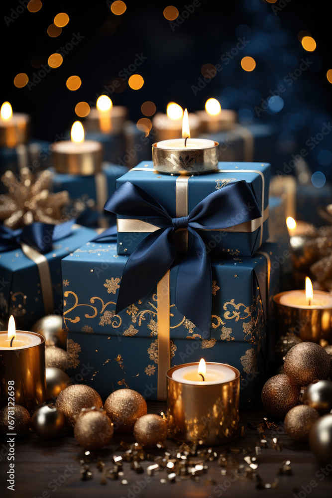 Christmas greeting card mockup. Elegant Xmas gifts and golden decorations on blue background. Christmas greeting card mockup. Elegant Xmas gifts and golden decorations on blue background.