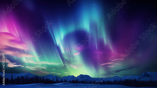 Aurora borealis in sky over winter forest