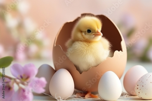 Cute Small Yellow Chicken Hatching from Egg Shell on Pale Pink Background with Spring Flowers. Postcard with Copy Space, Easter Concept.