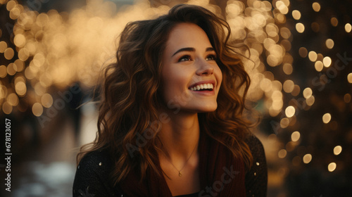 Beautiful young woman with curly hair on blurred background of Christmas lights.
