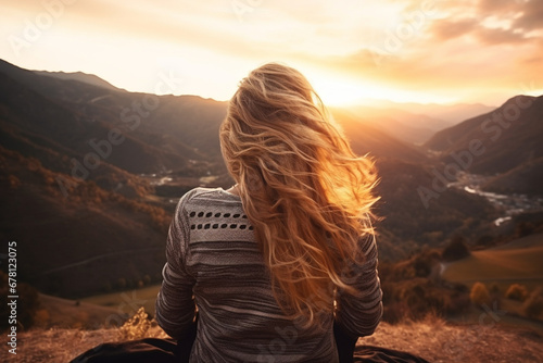 Rear view of female contemplating scenic view of raw nature from above during sunset, aesthetic look