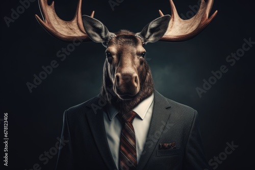 A man wearing a suit and a moose's head as a mask. This image can be used for creative projects or as a humorous representation of someone in disguise photo
