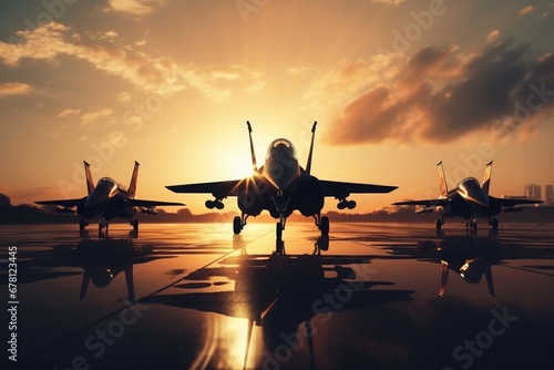A group of fighter jets sitting on top of a tarmac. Can be used to depict military aircraft, air force, aviation, or defense. photo