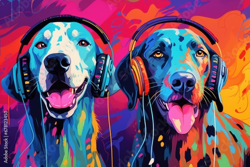 A picture of a couple of dogs wearing headphones. Perfect for music lovers or pet owners looking for a fun and trendy image to use in their designs