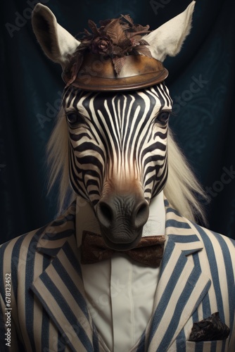 A close-up image of a person wearing a zebra mask. This picture can be used for costume parties or animal-themed events