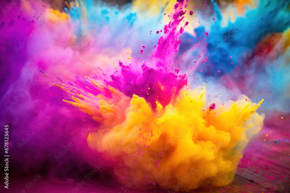 Colorful holi paint powder, vibrant splashes, explosive bursts, vivid highlights, festival ambiance