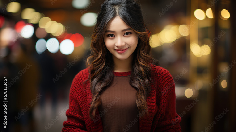 Chinese beautiful smiling girl with red sweater on Chinese new year background