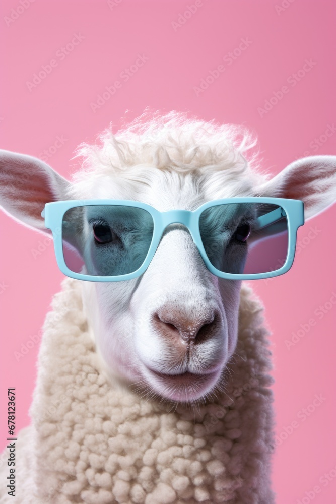 A sheep wearing sunglasses stands out against a vibrant pink background. Perfect for adding a touch of fun and whimsy to any project.