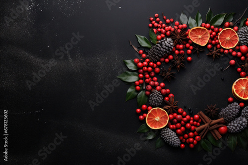 Christmas composition. Wreath made of christmas tree branches and red berries on black background. Flat lay, top view, copy space