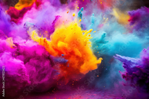 Lively multicolored holi paint powder  dynamic splashes  energetic bursts  vivid highlights  festive atmosphere