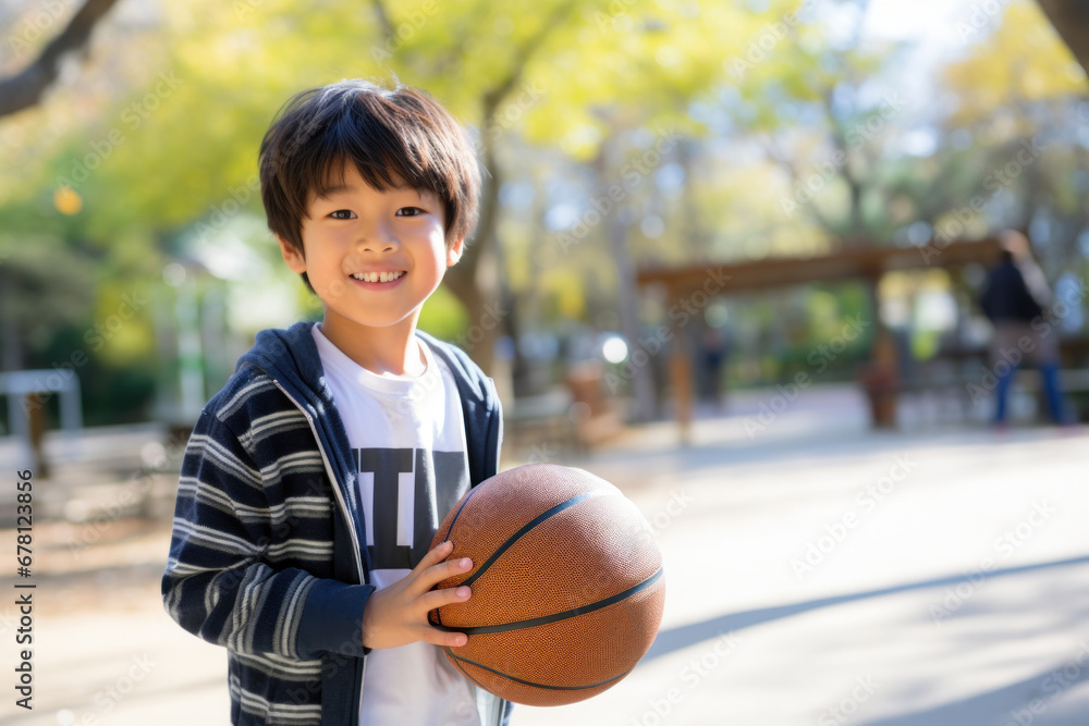 smiling chinese boy with basketball on the street, kids fun without gadgets, vacation, technology independence - obrazy, fototapety, plakaty 