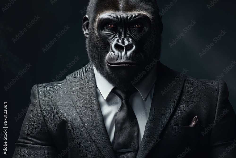 A gorilla dressed in a formal suit and tie. Suitable for business, humor, or animal-themed designs. - obrazy, fototapety, plakaty 