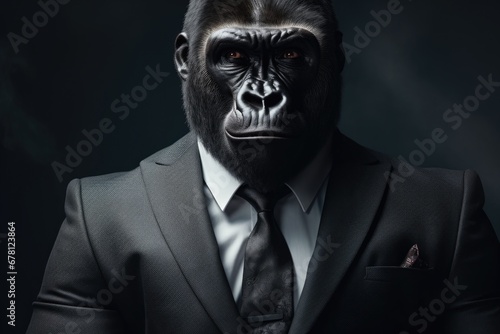 A gorilla dressed in a formal suit and tie. Suitable for business, humor, or animal-themed designs.