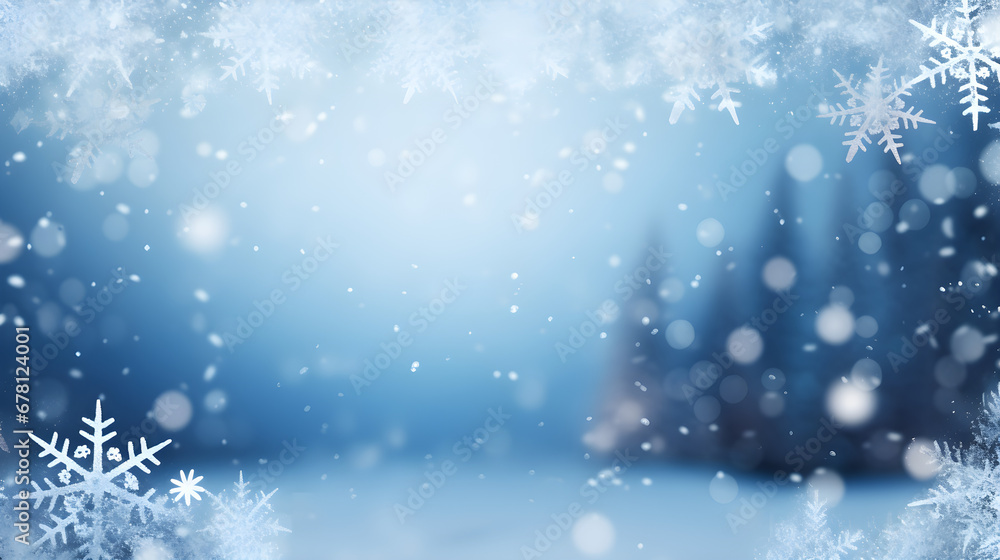winter frame background, snow, snowflake, bokeh light, winter-themed blue and white background, web banner design, copy space, AI generative