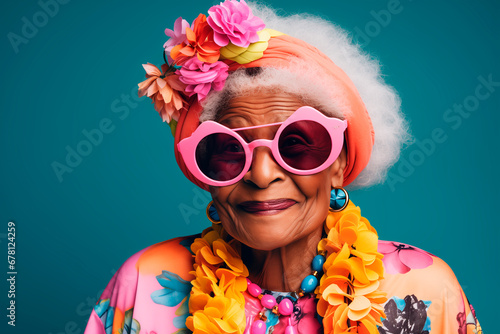 Funny stylish elderly african grandmother in glasses poses at studio. Senior old woman looking at camera over bright background