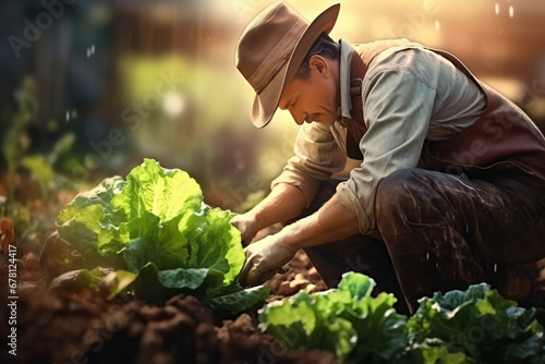 a man is picking leaves while planting in the garden