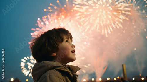 Cute little boy looking at fireworks on the background of the city.