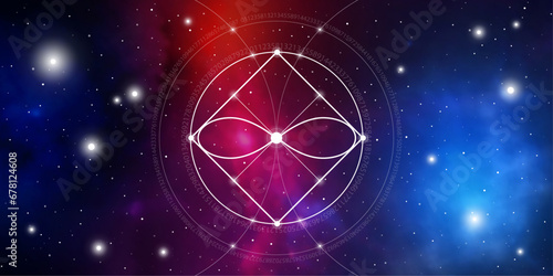Sacred geometry spiritual new age futuristic illustration with transmutation interlocking circles, triangles and glowing particles in front of cosmic background. photo