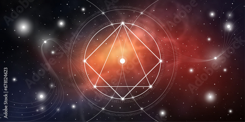 Sacred geometry spiritual new age futuristic illustration with transmutation interlocking circles, triangles and glowing particles in front of cosmic background.
