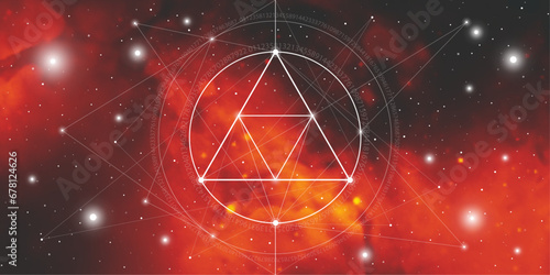 Sacred geometry spiritual new age futuristic illustration with transmutation interlocking circles, triangles and glowing particles in front of cosmic background.