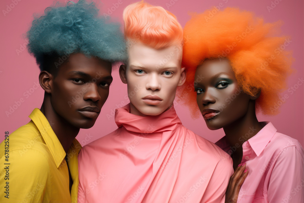 Fototapeta premium fashionable african american mannequins with colorful hair isolated on pink
