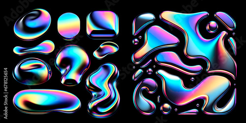 Wide-format holographic art divided with standalone shapes and interconnected designs, featuring smooth contours and a neon color photo