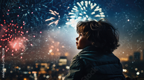 Little cute boy with firework in hands on background of night city.
