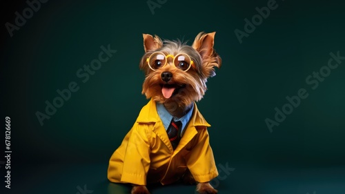 Happy Yorkshire Terrier Dog Dressed As A Scientist On Dark Yellow Colour Background. Сoncept Dog Portraits, Yorkshire Terrier Photoshoot, Pet Dress-Up, Scientist Theme, Dark Yellow Background