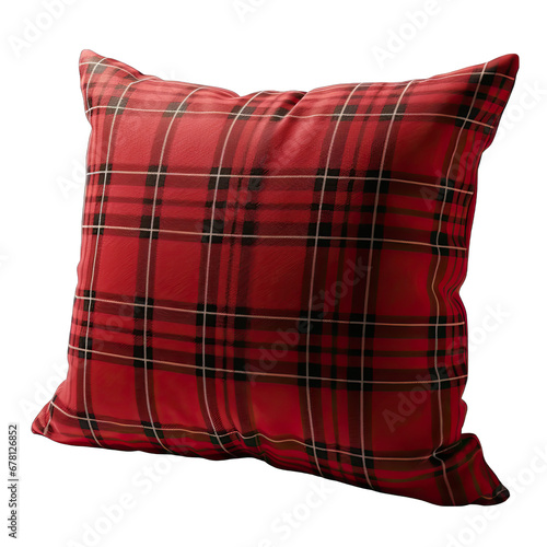 Single Red Tartan Pillow Isolated on Transparent or White Background, PNG