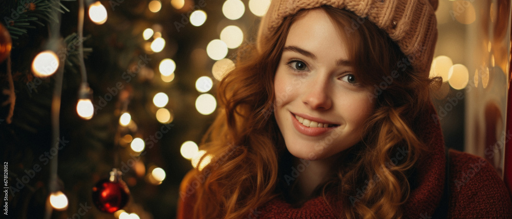 Portrait of beautiful young woman in knitted hat and sweater at christmas eve.