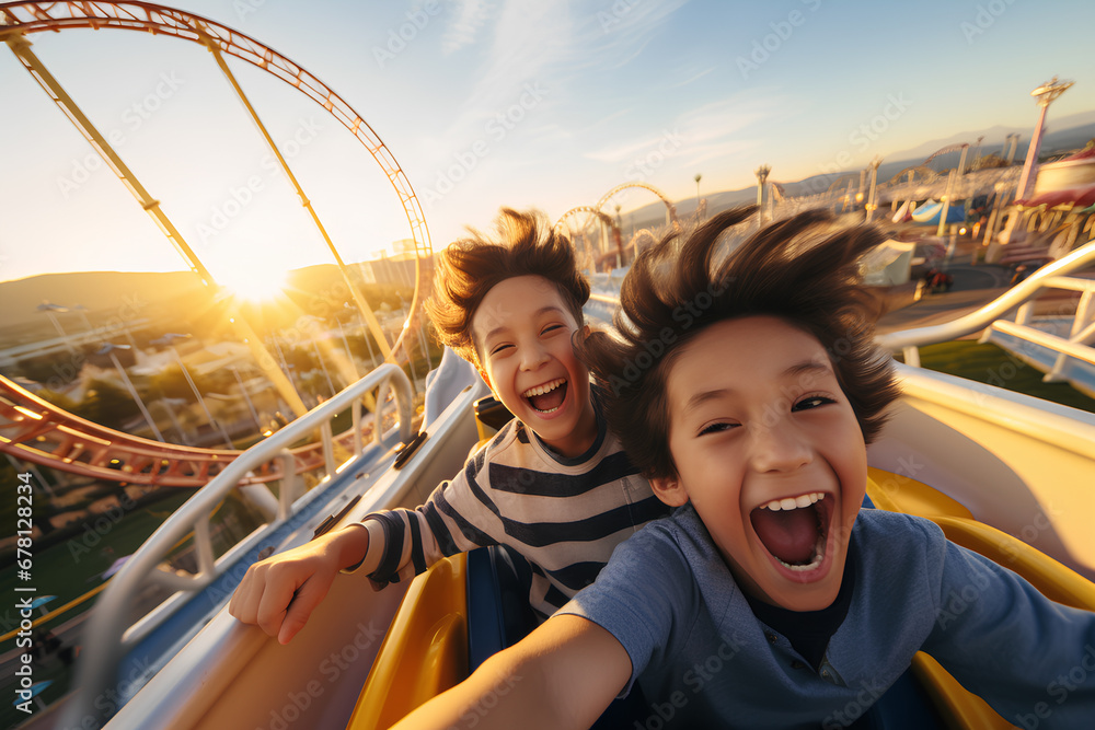 children have fun and scare each other on a roller coaster - obrazy, fototapety, plakaty 
