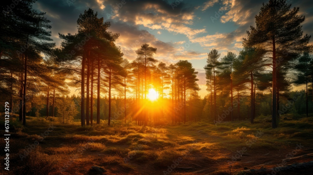 Golden sundown above the forest with lots of sun rays in the dramatic sky Golden sundown above the forest with lots of sun rays in the dramatic sky