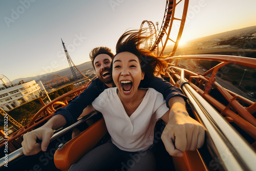 a couple have fun and scare each other on a roller coaster © flydragon