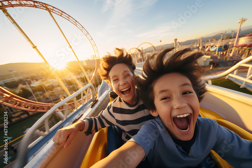 children have fun and scare each other on a roller coaster © flydragon