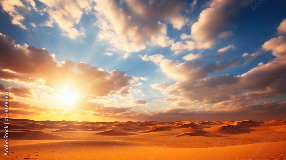 Golden sundown in Sahara desert with lots of sun rays in the dramatic sky
