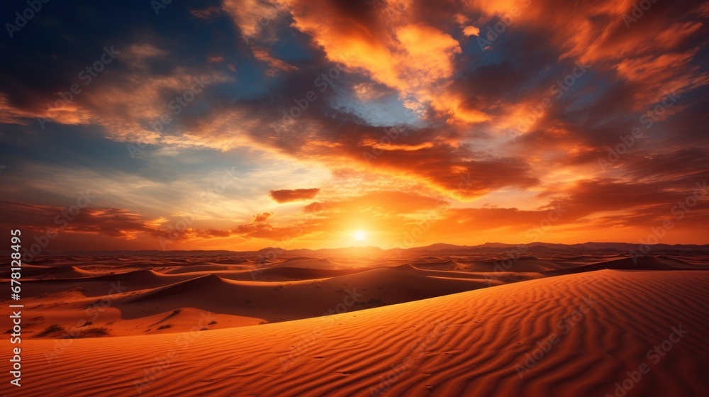 Golden sundown in Sahara desert with lots of sun rays in the dramatic sky