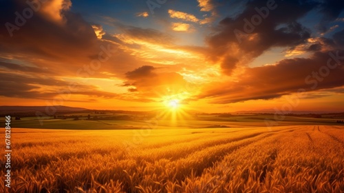 Golden sundown in rural area with lots of sun rays in the dramatic sky © shooreeq