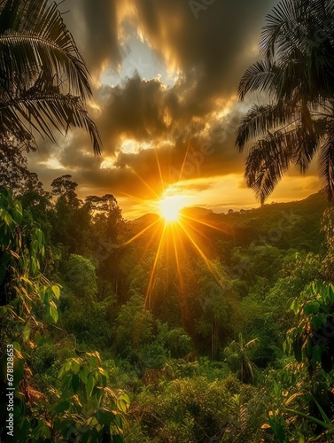 Golden sundown in the jungle with lots of sun rays in the dramatic sky