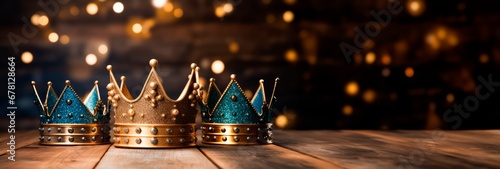 Three golden crowns on blured background. Christmas Three Kings day The Three Wise Men, or Epiphany day holiday celebration night, bokeh wallpaper banner