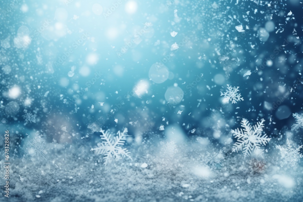Snowflakes Falling, Bokeh Background, White Snow on Blue Background, Christmas Theme, Christmas Background, Copy Space, Christmas Ornaments Snowflakes Falling, Bokeh Background, White Snow on Blue Background, Christmas Theme, Christmas Background, Copy Space, Christmas Ornaments