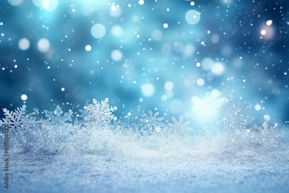 Snowflakes Falling, Bokeh Background, White Snow on Blue Background, Christmas Theme, Christmas Background, Copy Space, Christmas Ornaments Snowflakes Falling, Bokeh Background, White Snow on Blue Background, Christmas Theme, Christmas Background, Copy Space, Christmas Ornaments