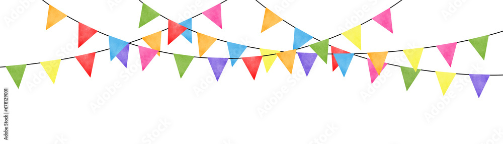 Watercolor carnival garland with flags. Decorative colorful party pennants for birthday celebration, festival and fair decoration. - obrazy, fototapety, plakaty 