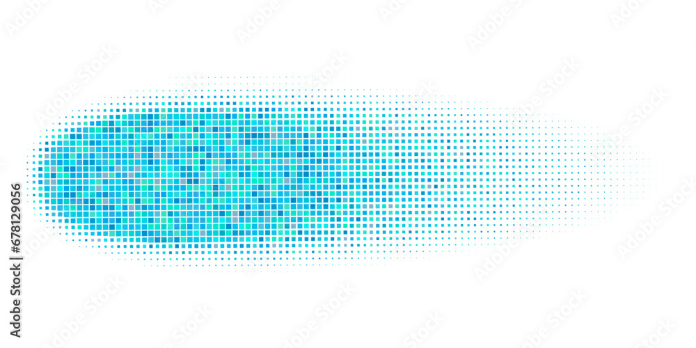 Fototapeta premium Abstract blue oval with motion blur and mosaic pixel texture. Image of a fast-flying comet, meteor or fireball. Vector ellipse shadow in comic or manga style. Retro video game illustration