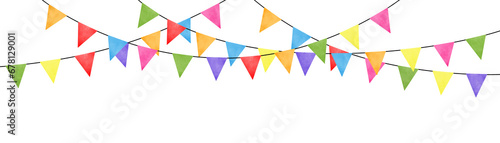 Watercolor carnival garland with flags. Decorative colorful party pennants for birthday celebration, festival and fair decoration.