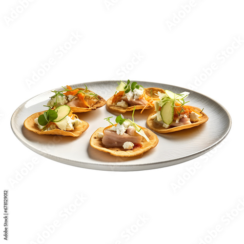tostada served with delicious filling on a plate, transparent background