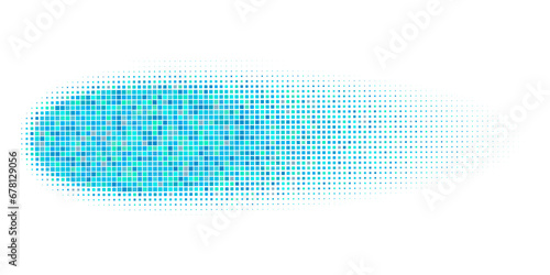 Abstract blue oval with motion blur and mosaic pixel texture. Image of a fast-flying comet, meteor or fireball. Vector ellipse shadow in comic or manga style. Retro video game illustration